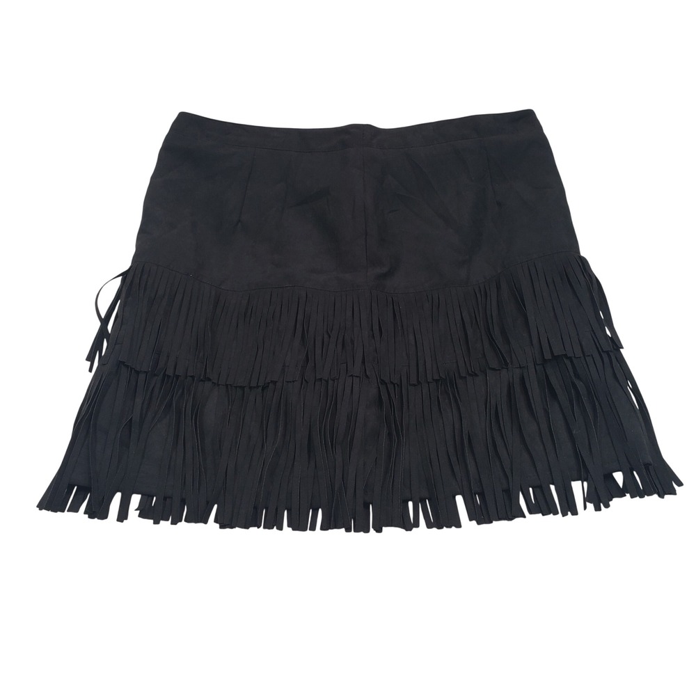 WD·NY Womens Faux Suede Tiered Fringe‎ Mini Skirt Size L Black